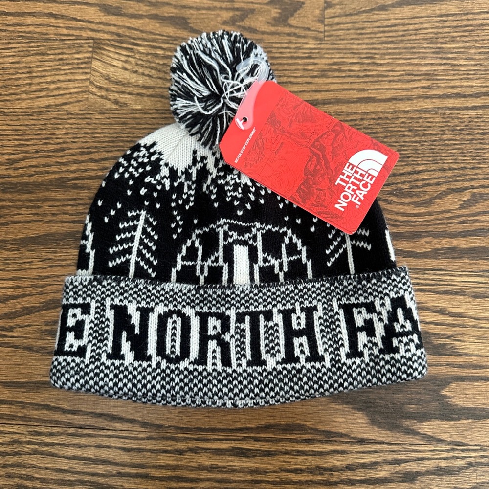 The North Face Fair Isle Pom Beanie Unisex OS Black White Winter Ski Gorpcore